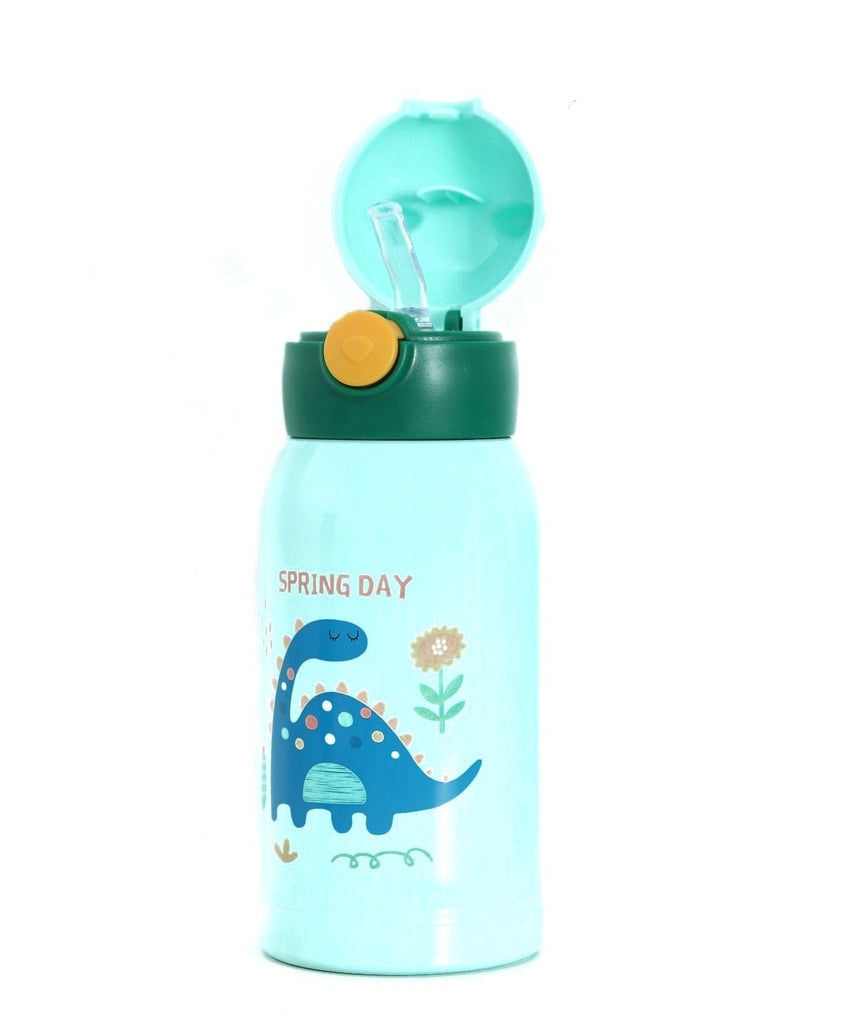 Open Yellow Bee Dino Aqua Thermos Flask with a built-in straw for easy drinking