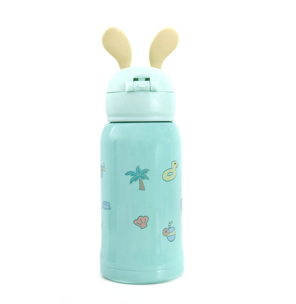 Yellow Bee aqua-colored stainless steel flask with bunny ears lid