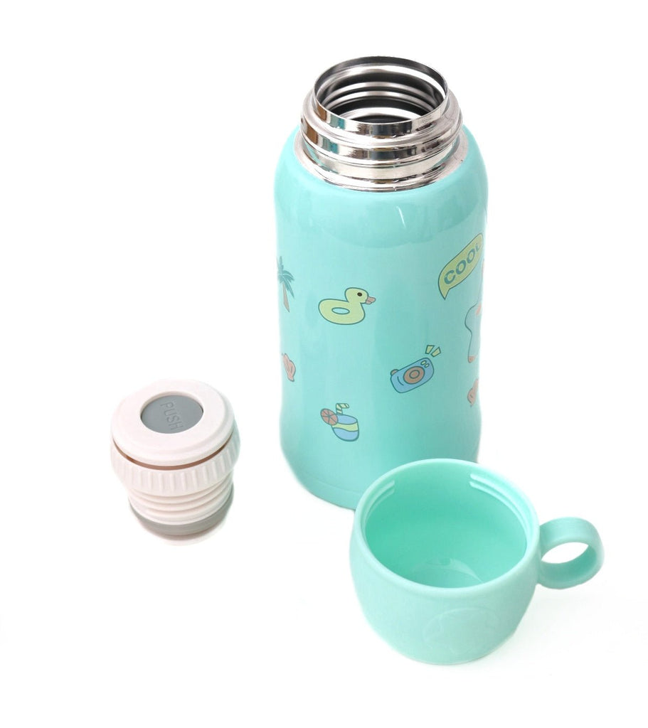 Yellow Bee aqua-colored stainless steel flask with separate cup and cap