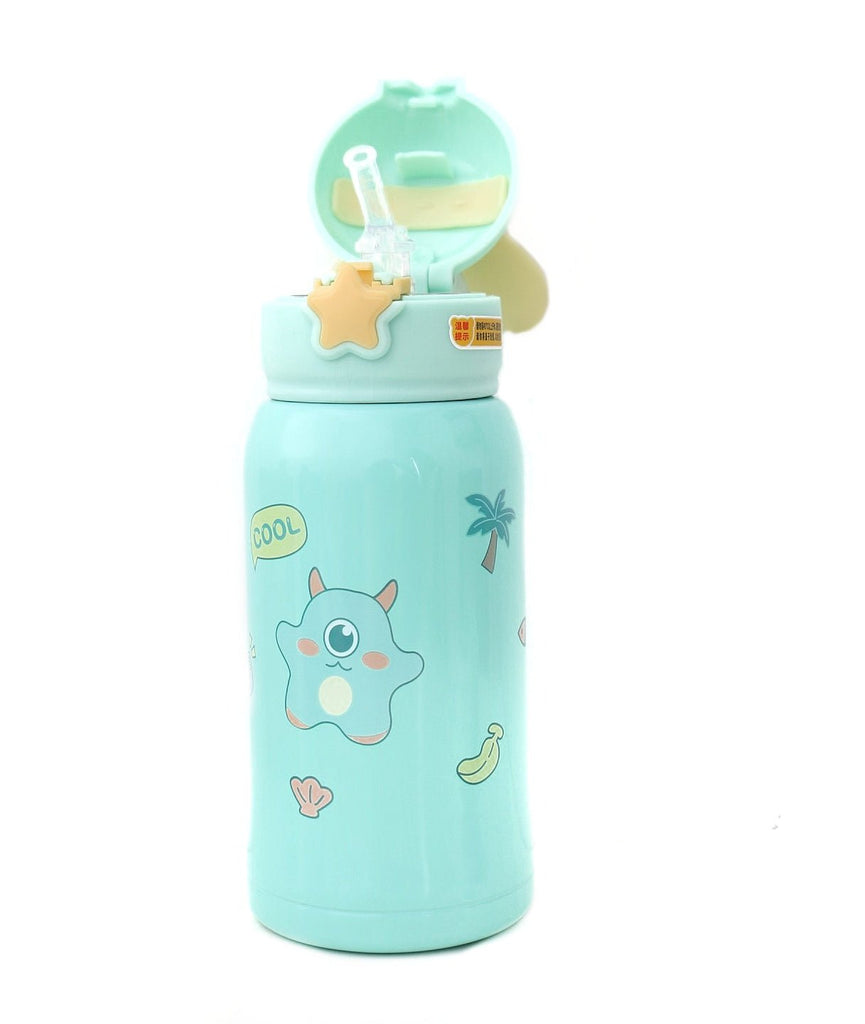 Closed lid of Yellow Bee aqua-colored stainless steel flask with cute print