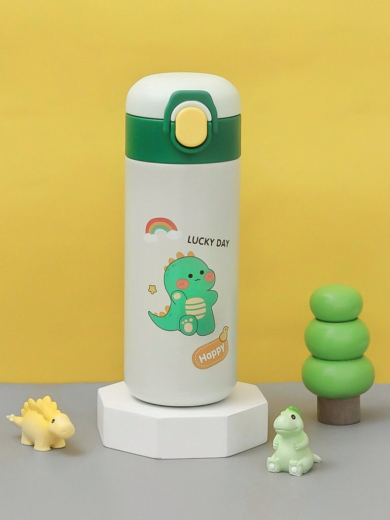 Green-colored Yellow Bee Dino Thermos Flask with cute dinosaur design on yellow background