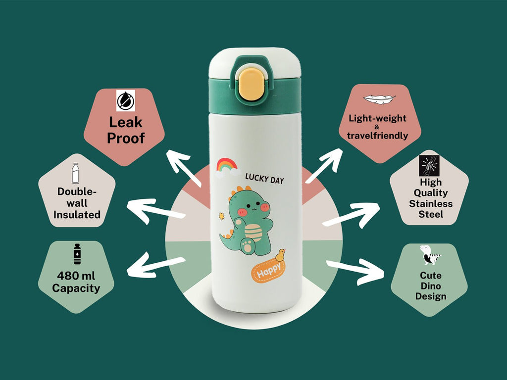 Features of Yellow Bee Dino Thermos Flask showing leak-proof and double-wall insulation