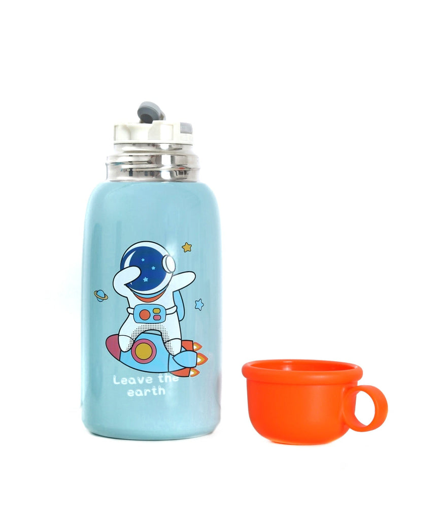 Yellow Bee Astronaut Thermos Flask with an orange cup, highlighting its portability
