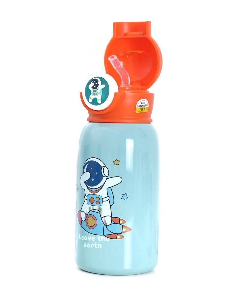 Yellow Bee LED Astronaut Blue Thermos Flask with lid open, showing the drinking spout
