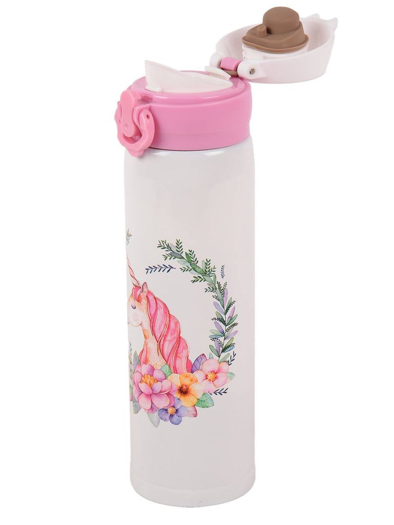 Yellow Bee Unicorn Thermos Flask with lid open showcasing the leak-proof design