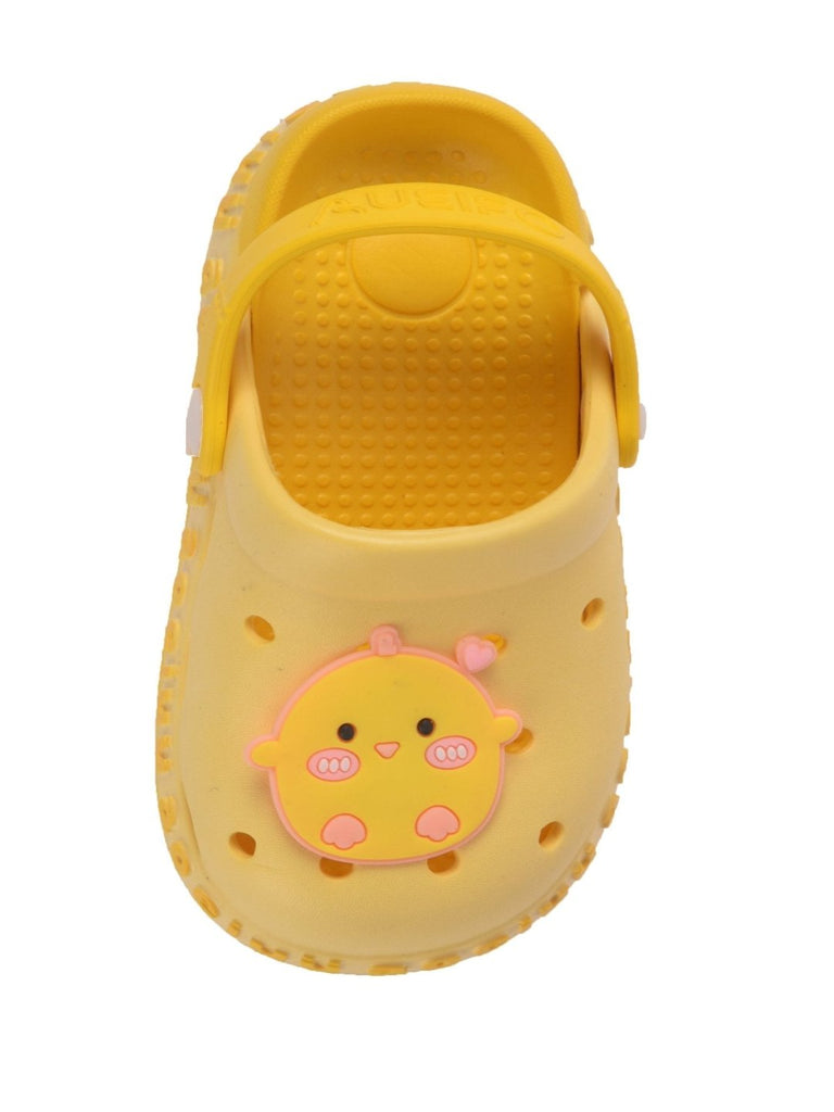 A pair of sunny yellow kids' clogs with a cute duckling detail, showing the heel strap for secure movement.