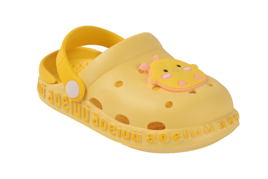 Vibrant yellow children's clogs featuring a charming duckling design with a cozy fit.