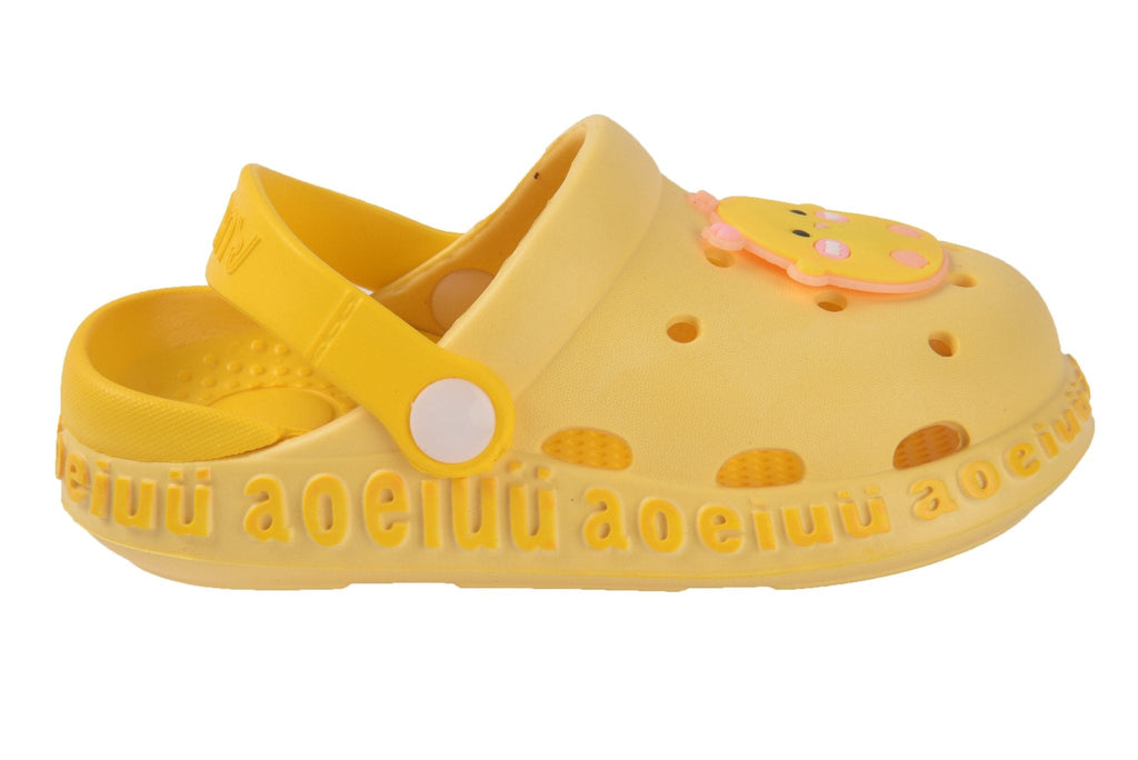Side view of yellow kids' clogs showcasing an endearing duckling figure and airy holes for breathability.