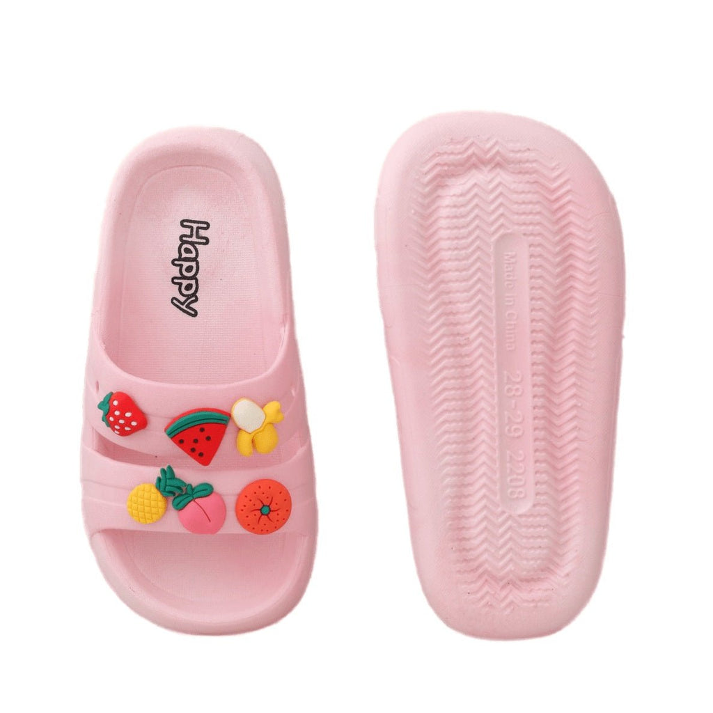 Top and Sole View of Juicy Delight Fruits Motif Slides in Peach with Traction Pattern