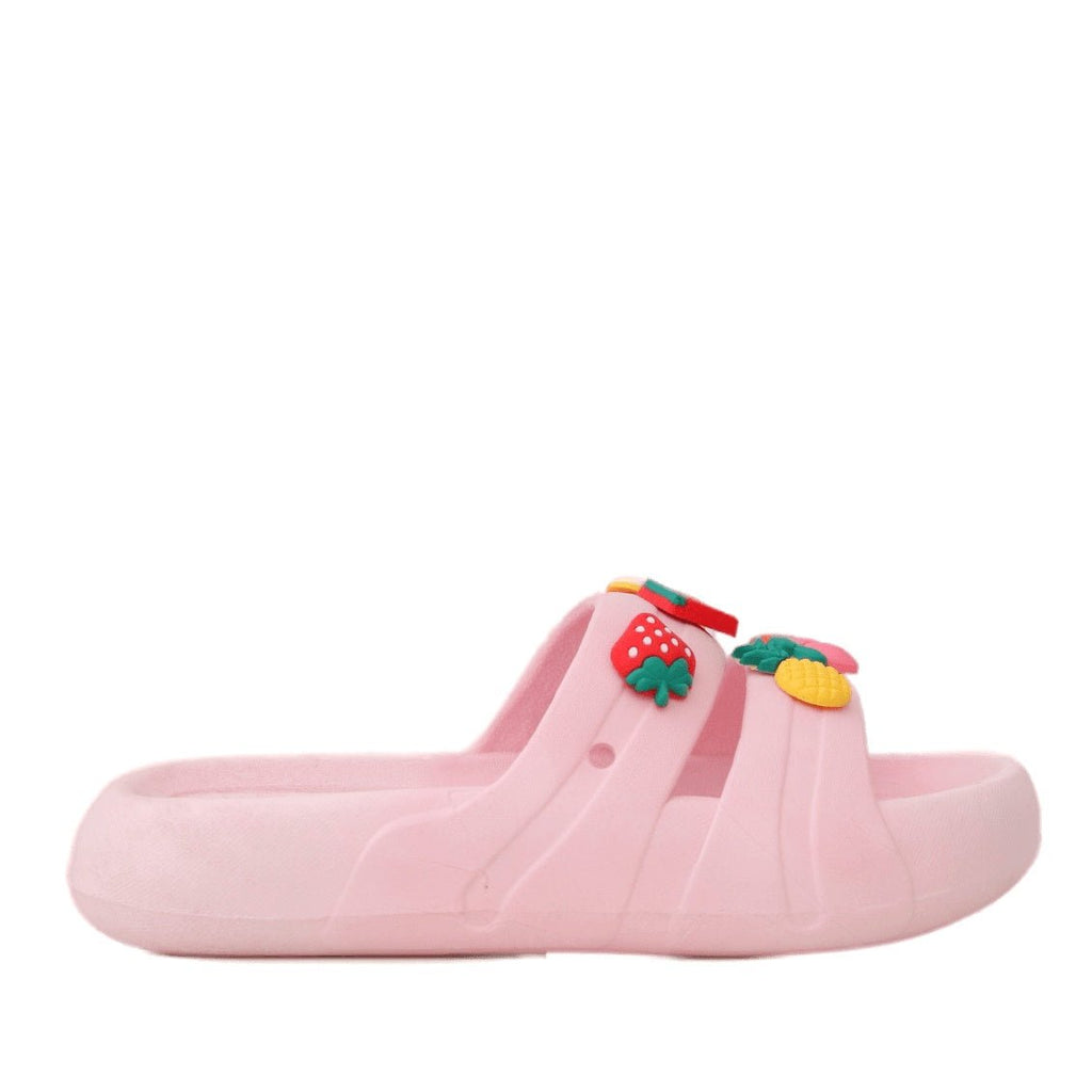 Side View of Soft Peach Slide Featuring Juicy Delight Fruit Design for Kids