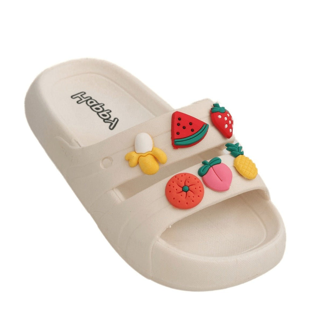 Single fruit-themed slide sandal highlighting the detailed fruit decorations on a neutral strap.