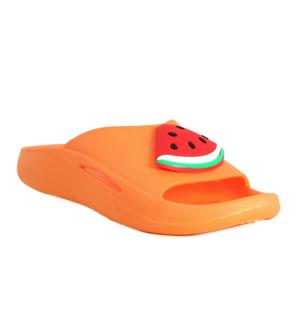 Side View of Watermelon Applique Slide in Orange