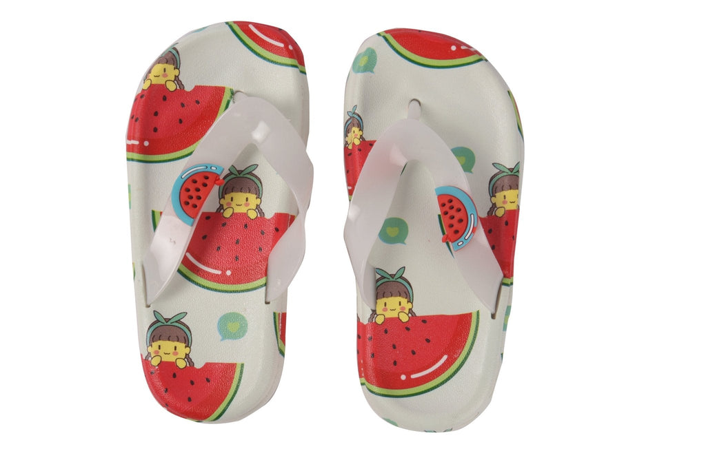 Child's flip-flops with vibrant watermelon print and cartoon characters on white background