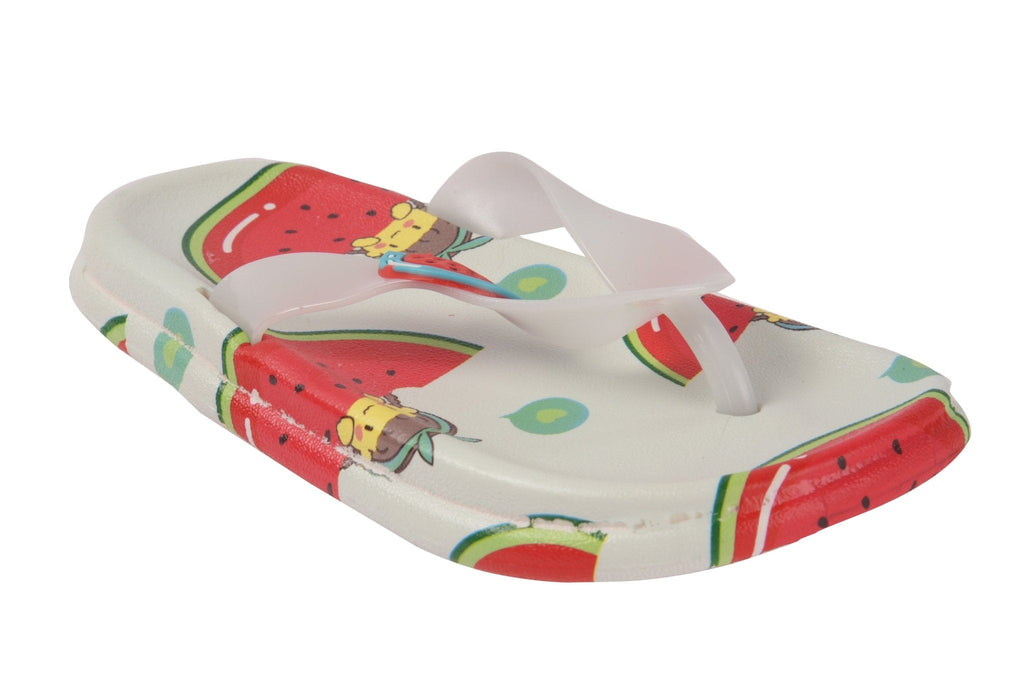 Top view of playful watermelon-themed kids' flip-flops with comfortable straps