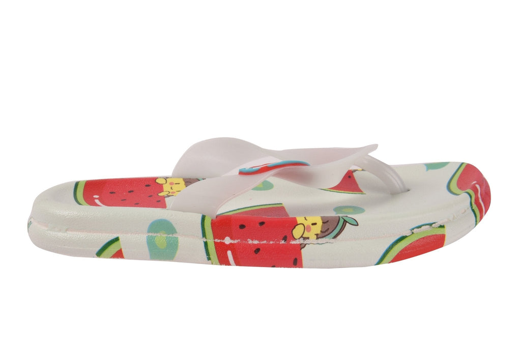Side View of Children's Watermelon-Themed Flip-Flops on White Surface