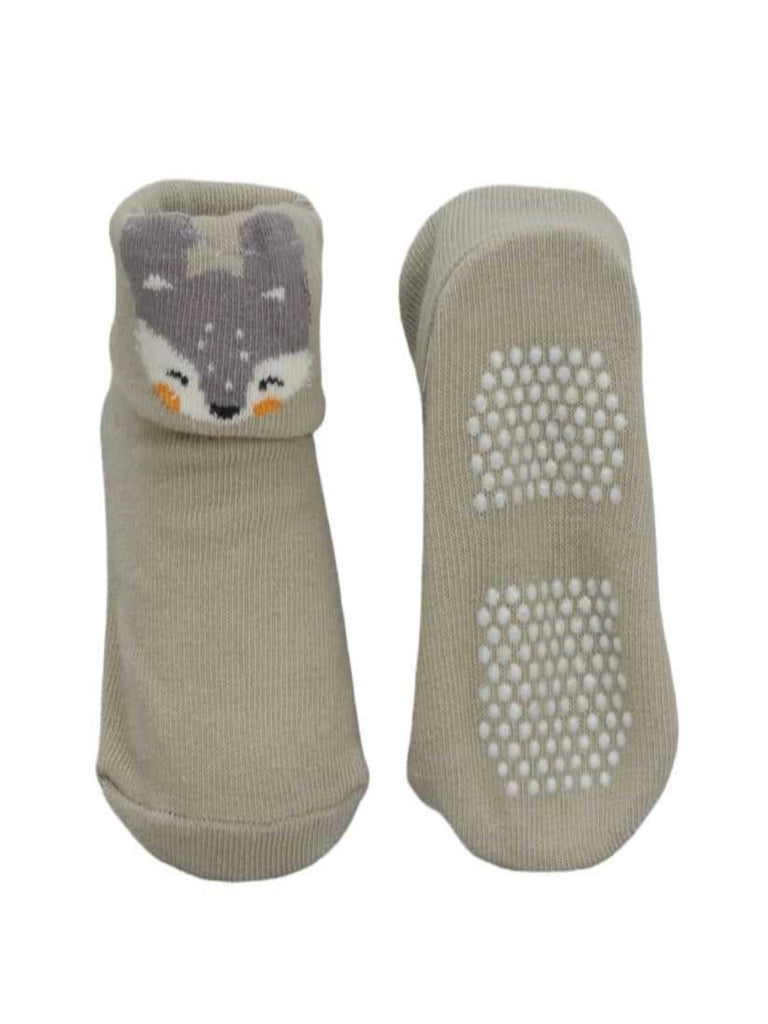 Pair of grey puppy socks for baby boys with anti-slip sole.