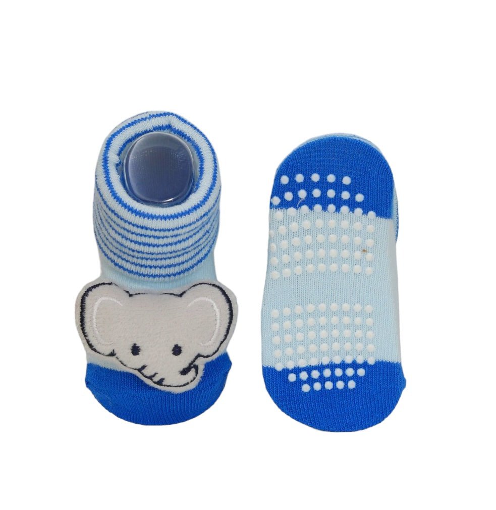 Yellow Bee toddler socks with elephant plush detail and anti-skid soles for added safety.