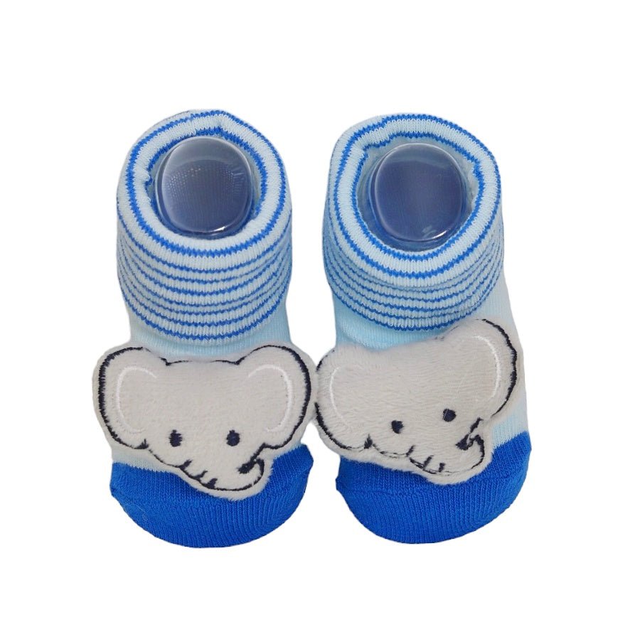 Pair of Yellow Bee's blue elephant-themed plush toy socks for toddlers, showcasing the fun design