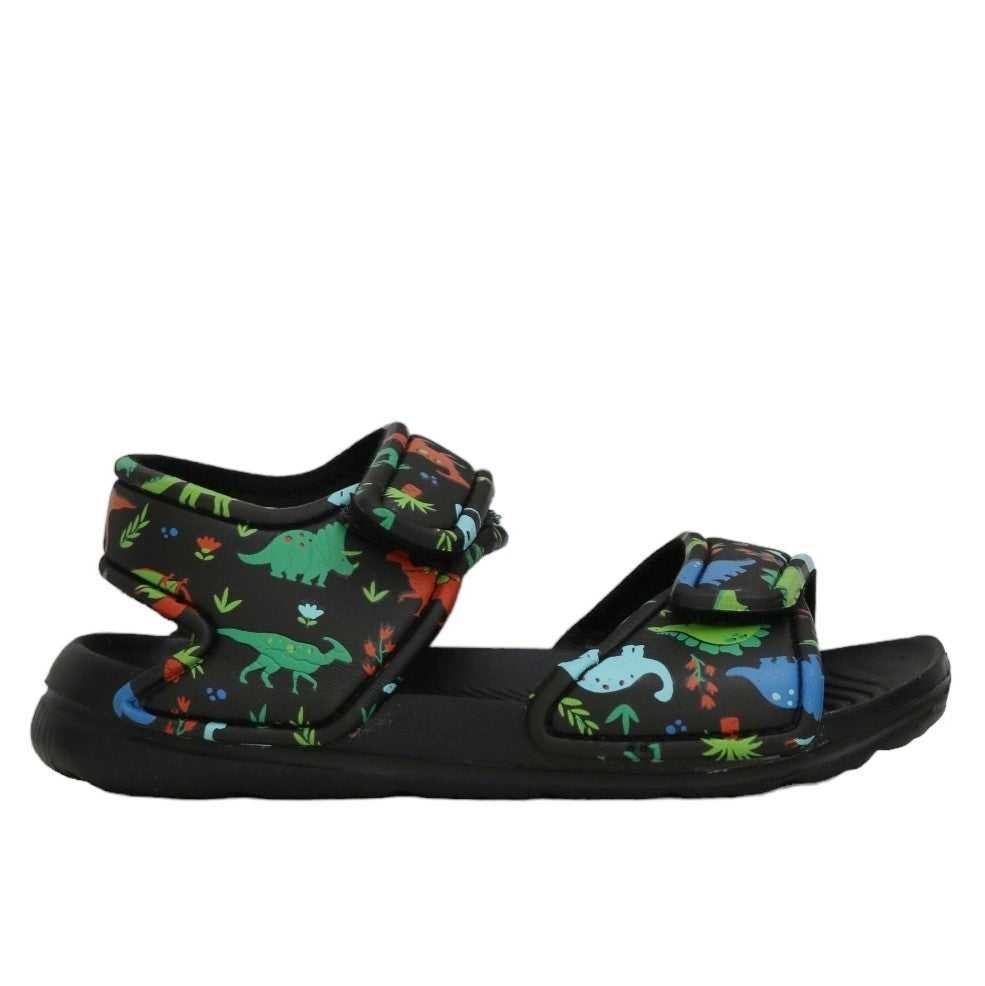 Side view of black children's sandals with a fun dinosaur print, perfect for outdoor adventures.