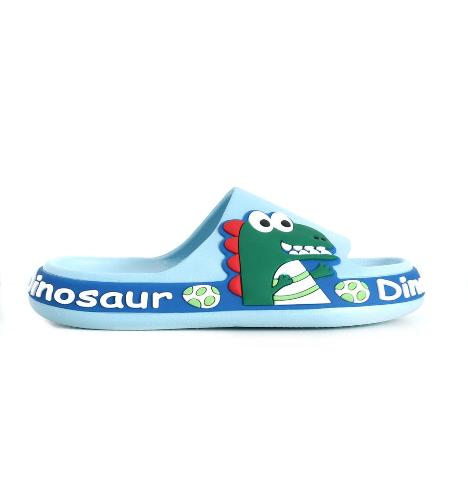 Side View of Blue Dinosaur Slides for Kids with Applique