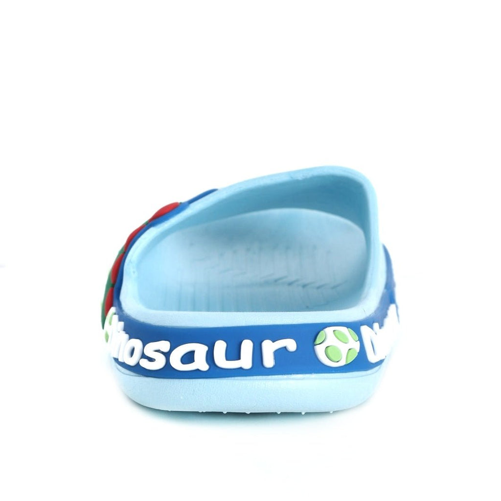 Rear View of Kid's Blue Dinosaur Slides Showcasing the Flexible Sole