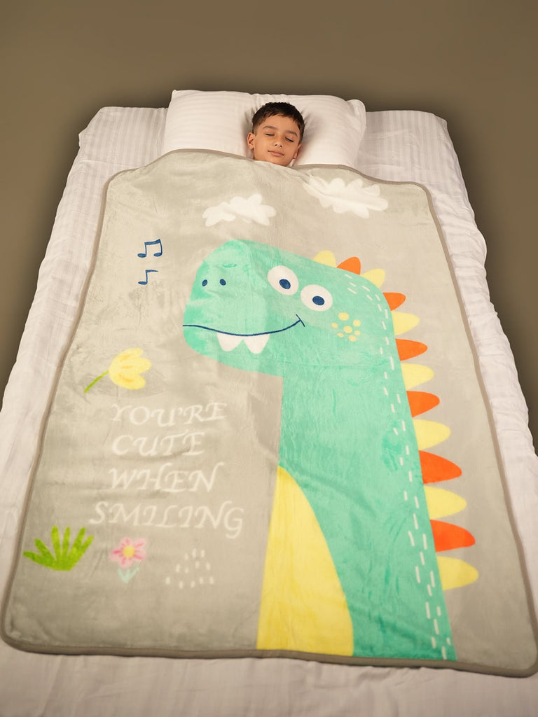 Boy Sleeping Soundly with Yellow Bee Dino Blanket – 'You're Cute When Smiling' Text