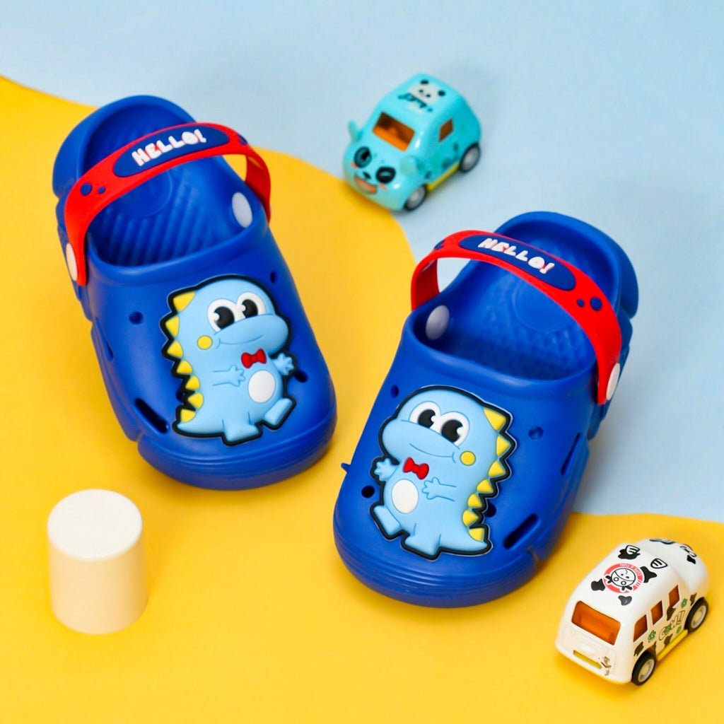 Children's Blue Dinosaur Clogs with Secure Heel Strap and Cartoon Design