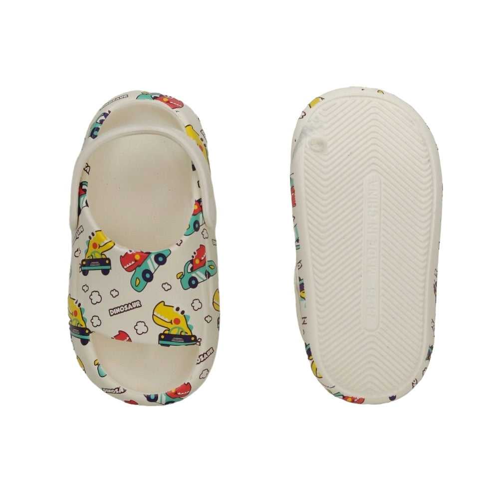 Pair of white children's sandals with playful dinosaur and vehicles print, top and sole view.