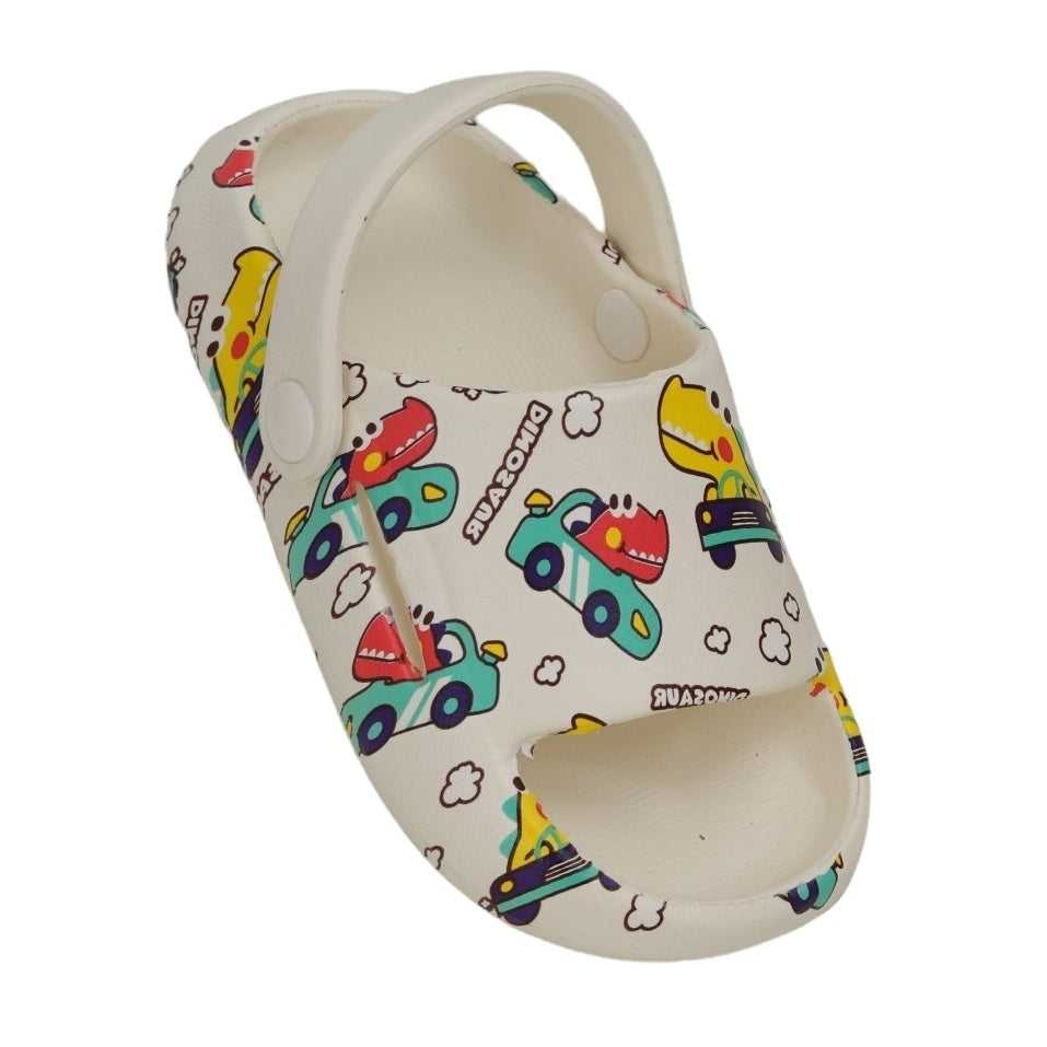 Top view of children's sandals featuring a vibrant dinosaur and car print design.