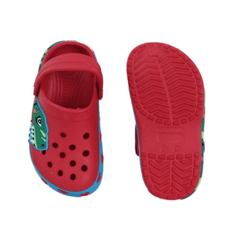 Top and bottom view of red clogs with dinosaur motif, secure strap for active playtime.