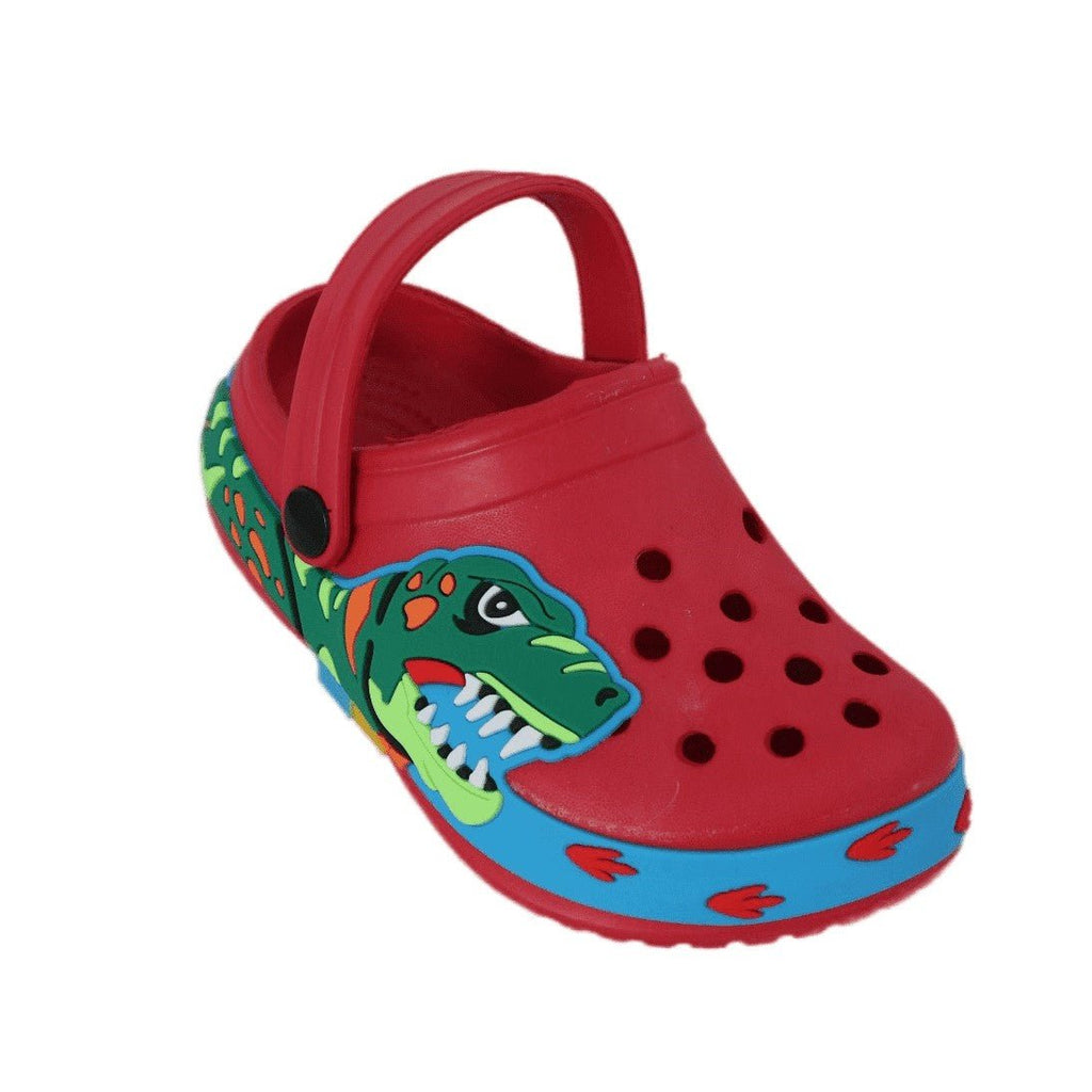 Side view of red dinosaur-themed clogs for children, showcasing easy-to-wear design.