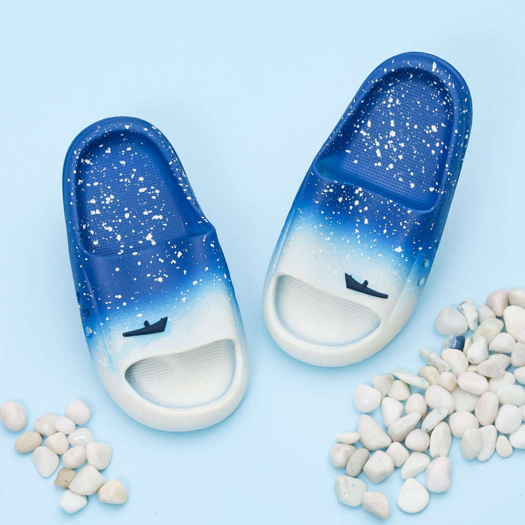 Pair of kids' ocean theme slides in deep blue with playful sea spray design