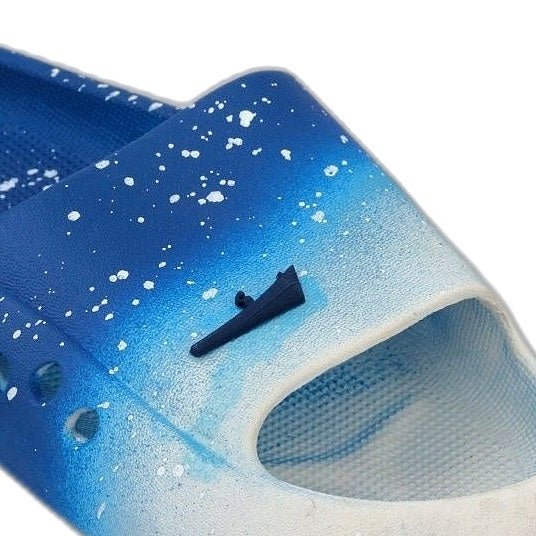Angled view of the blue slide, focusing on the breathable mesh upper for comfort