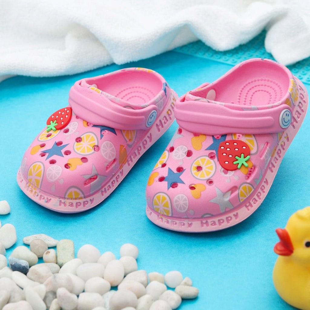 Kids' Pink Clogs with Strawberry and Citrus Motif on a Fun Background-main