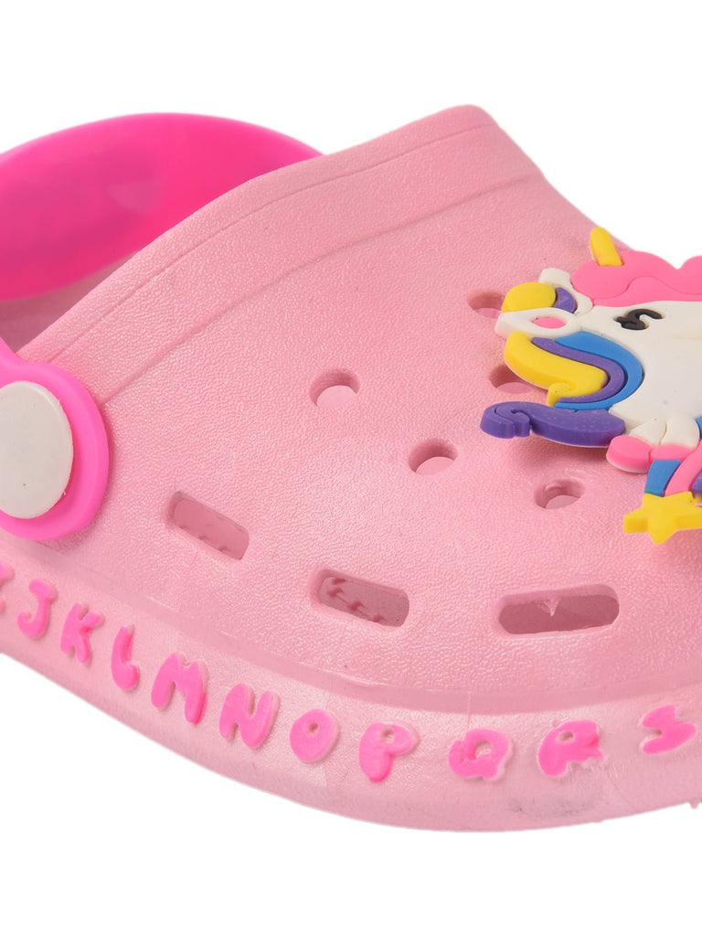 Kids' Pastel Pink Clogs with Unicorn Design and 'HAPPY' Strap-zoom
