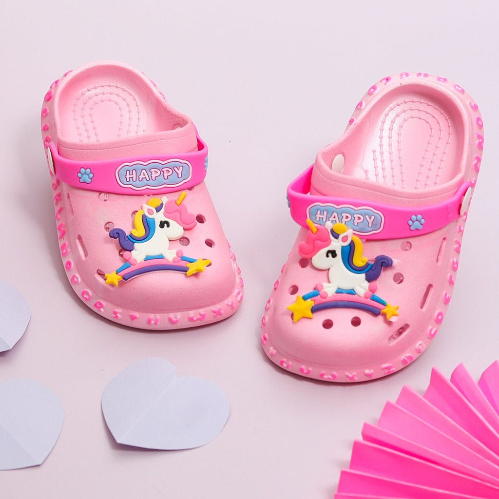 Kids' Pastel Pink Clogs with Unicorn Design and 'HAPPY' Strap