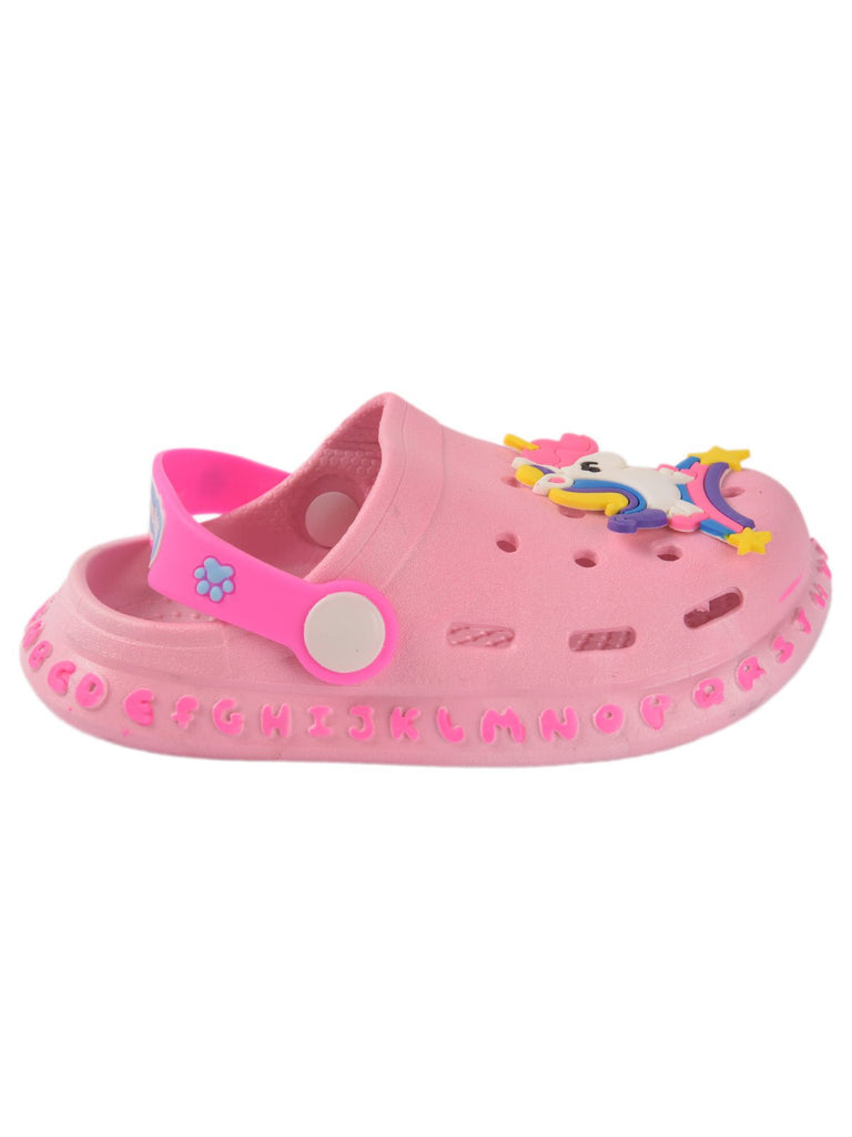 Kids' Pastel Pink Clogs with Unicorn Design and 'HAPPY' Strap-side2