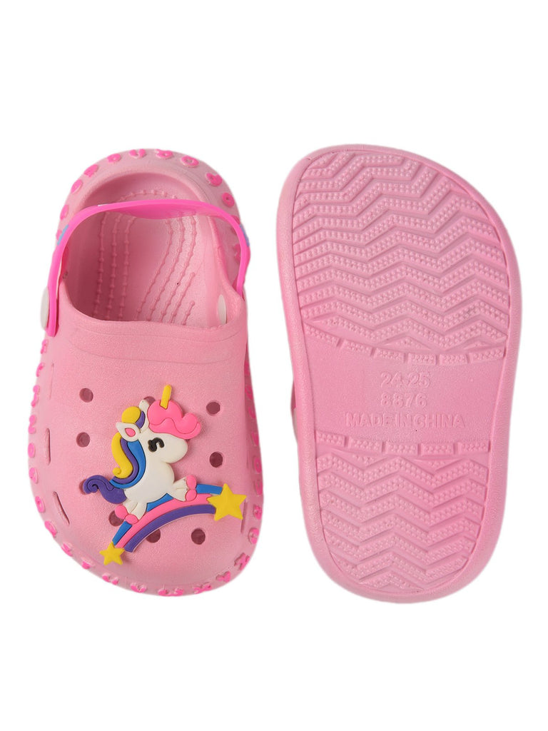 Kids' Pastel Pink Clogs with Unicorn Design and 'HAPPY' Strap-bk