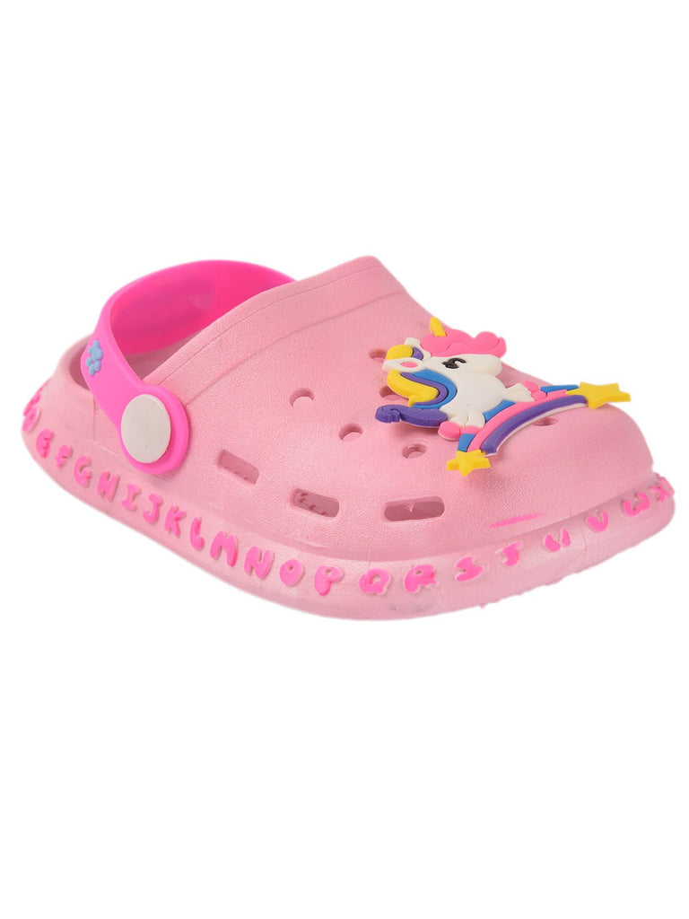 Kids' Pastel Pink Clogs with Unicorn Design and 'HAPPY' Strap-side1