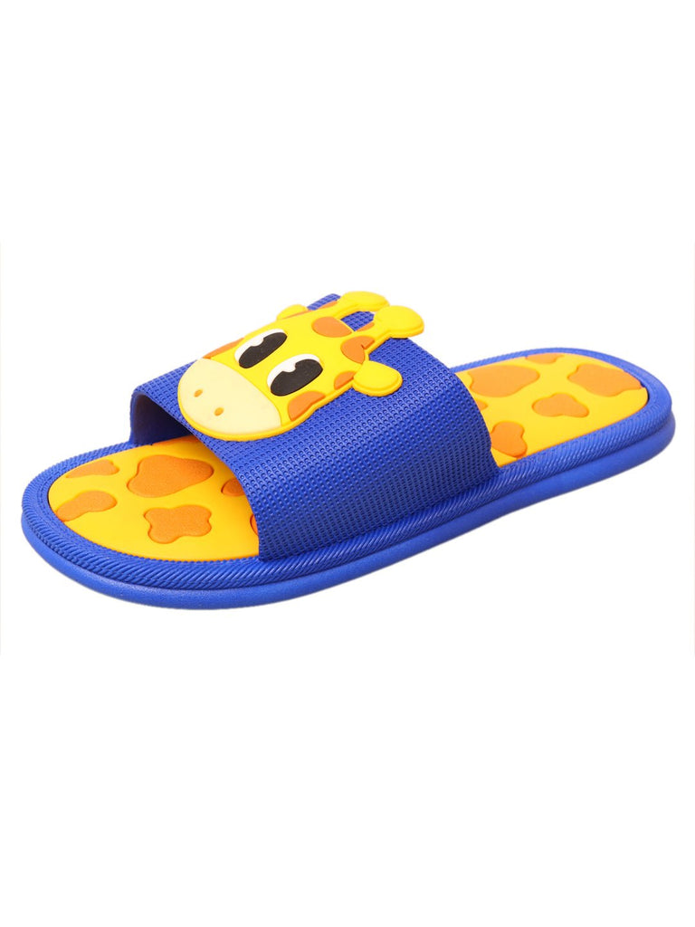 Top view of yellow and blue giraffe patterned children's slide sandal