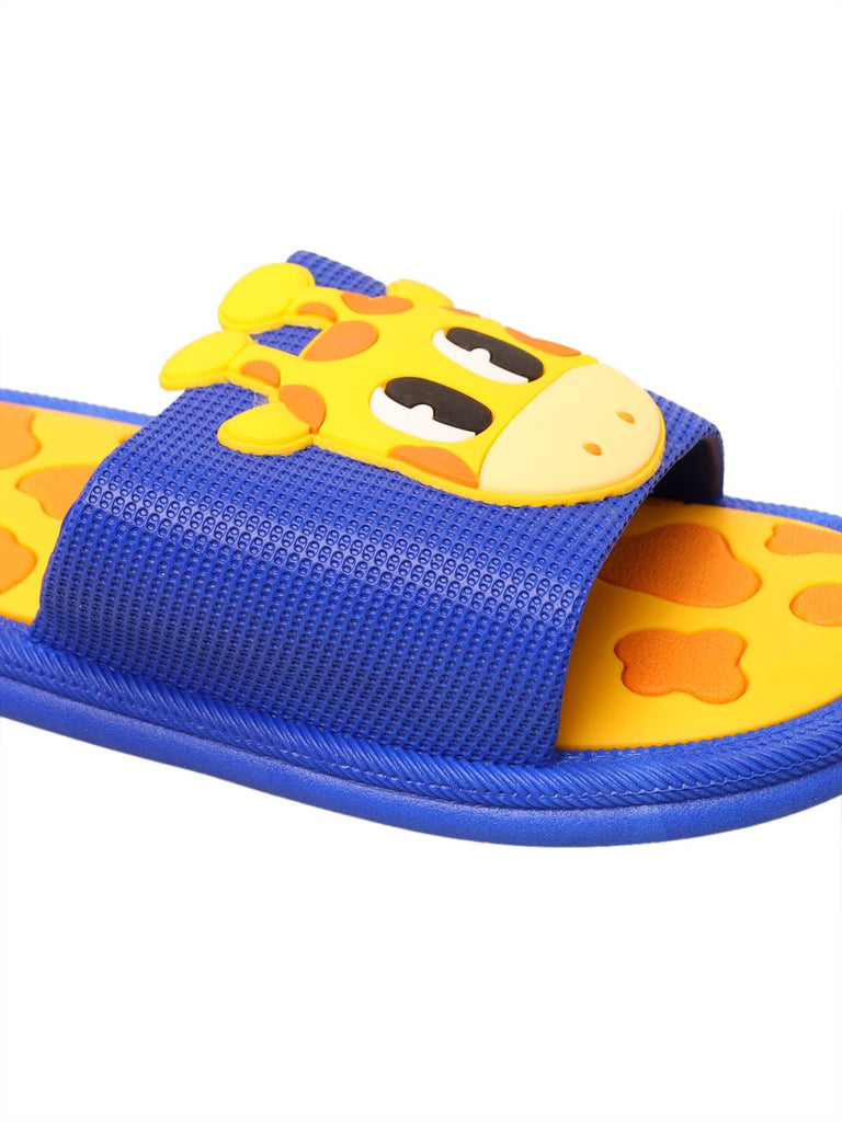 Close-up of kids' slide sandal with giraffe design and textured strap