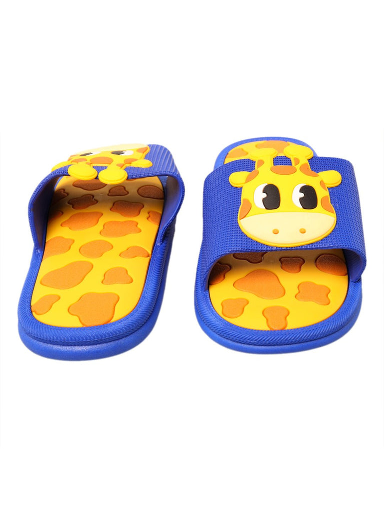 Pair of yellow giraffe-themed slides with blue straps for kids