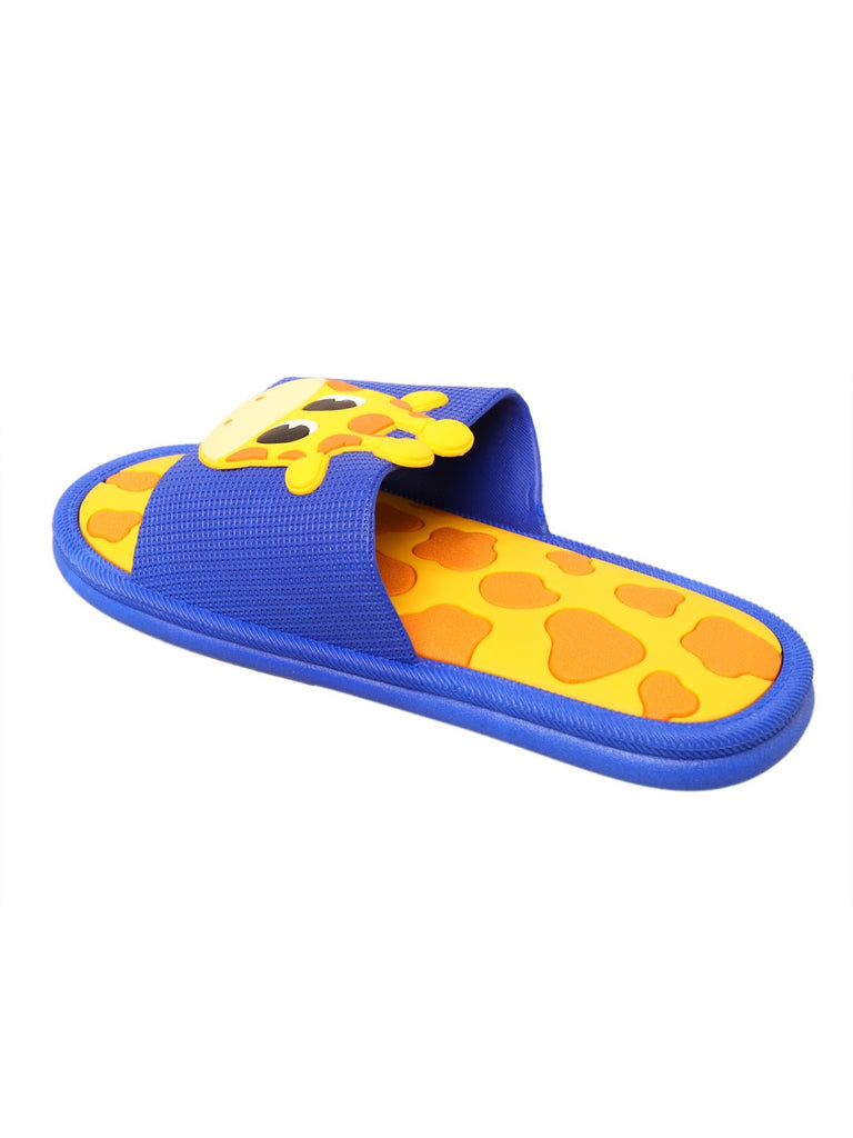 Side view of child's giraffe themed slide in sunny yellow and blue