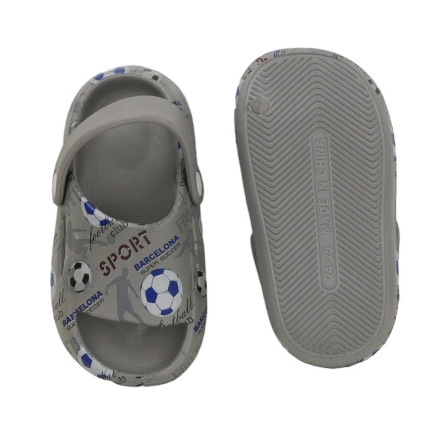 Durable kids' sandals with a grey football print and anti-slip sole