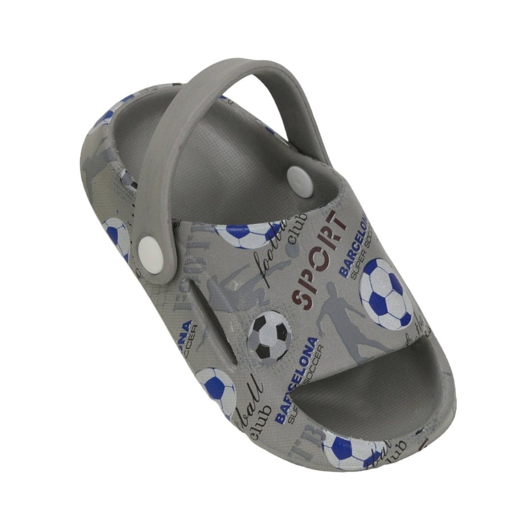 Top view of grey sandals with football design, perfect for young sport lovers.