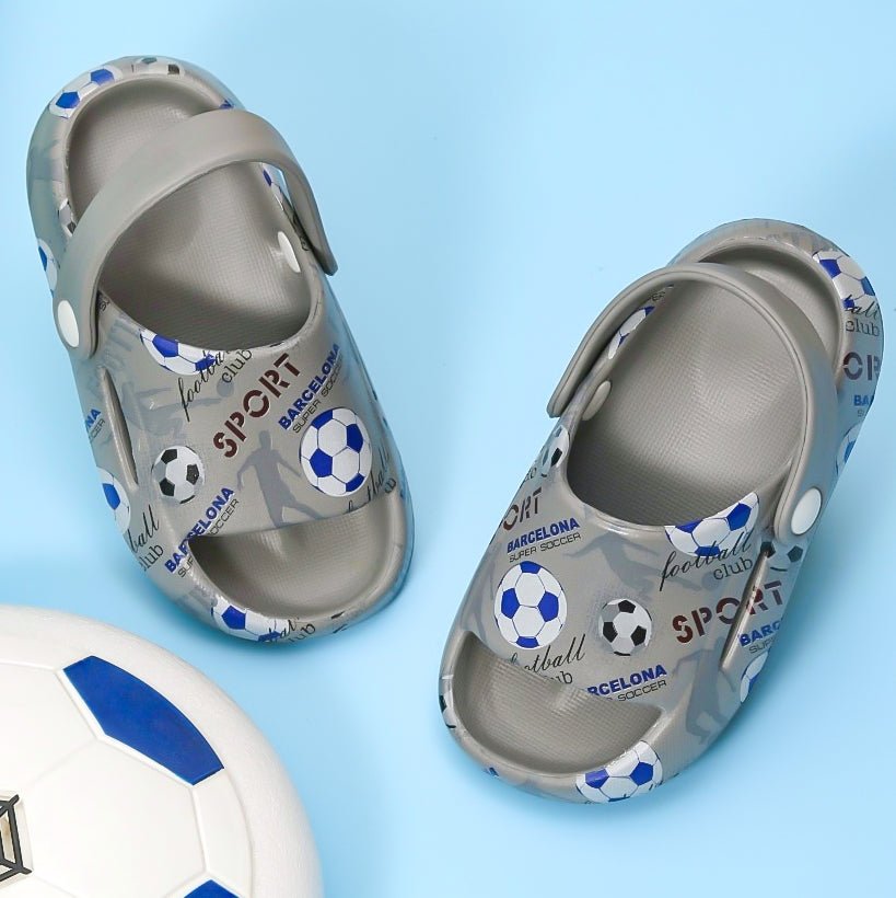 Grey football-themed kids' sandals with ball 