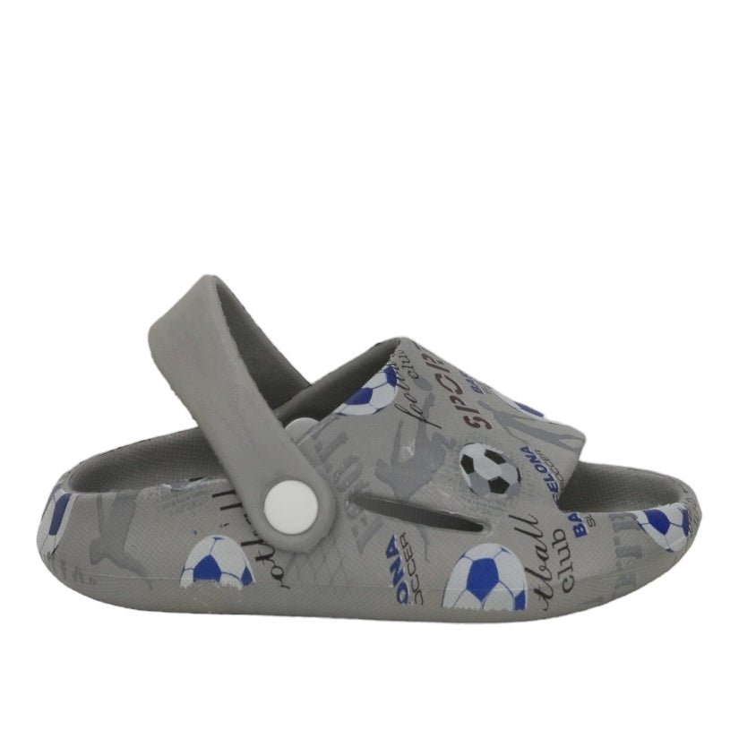 Stylish grey sandals with a football pattern, ideal for kids' sports play
