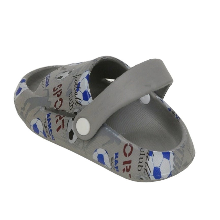 Side angle of children's grey football sandals with secure strap