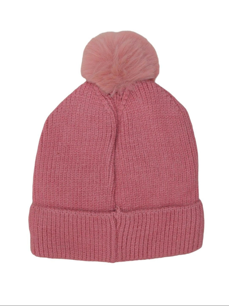 Back view of a cozy dark pink winter beanie with fluffy pom-pom for young girls.