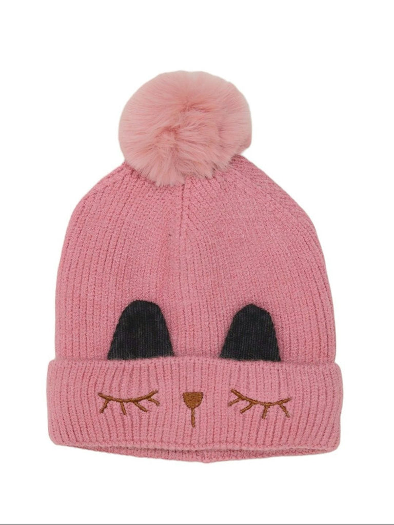 Front view of a dark pink girls' beanie with kitten pattern and top pom-pom.
